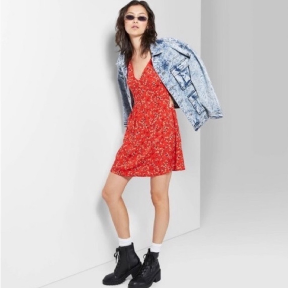 Wild Fable Red Floral V-Neck Mini Dress L